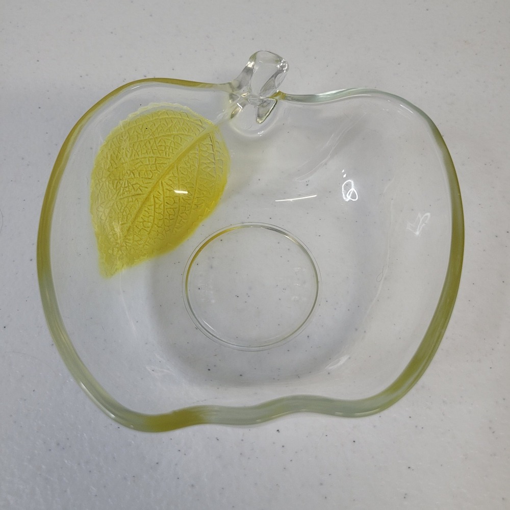 Vintage Apple Shaped Clear Glass Small Bowl Yellow Leaf Detail Trinket Dish